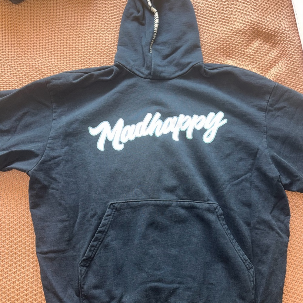 Madhappy Navy Blue Hoodie with White Script Logo (Unisex Small)